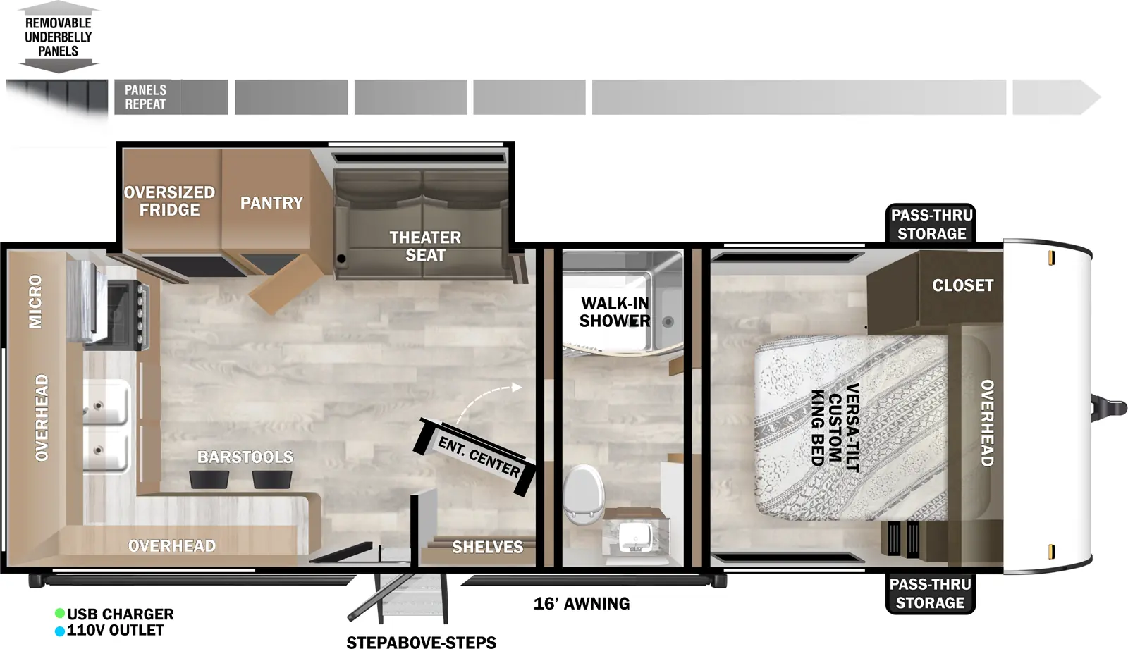 The Salem 22ERAS has one entry and one slide out. Exterior features include: metal or fiberglass exterior and 16' awning. Interiors features include: rear kitchen, front bedroom and pass through bathroom.